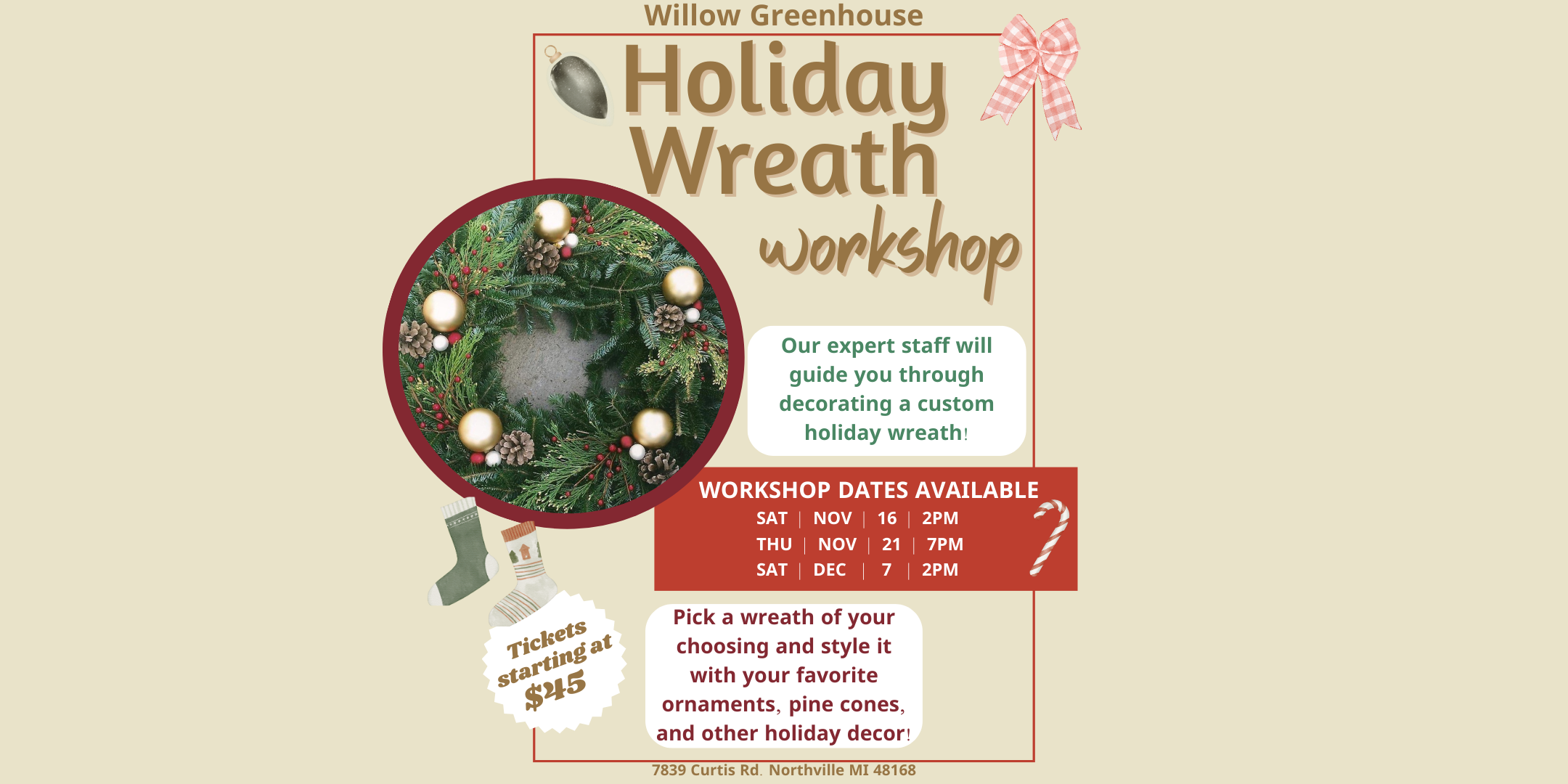 Holiday Wreath Workshop at Willow Greenhouse on December 7th at 2